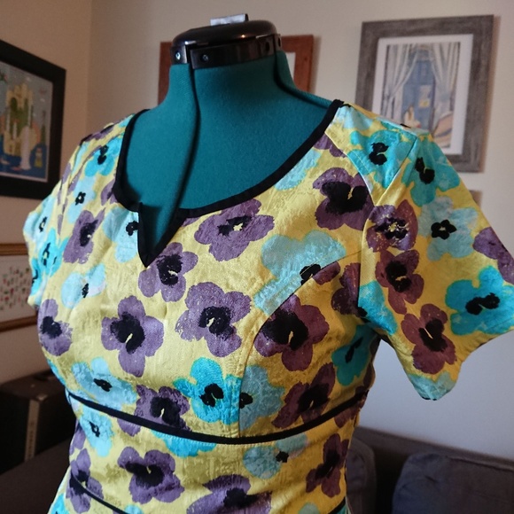 eShakti split scoop chartreuse/aqua floral dress - Picture 2 of 5